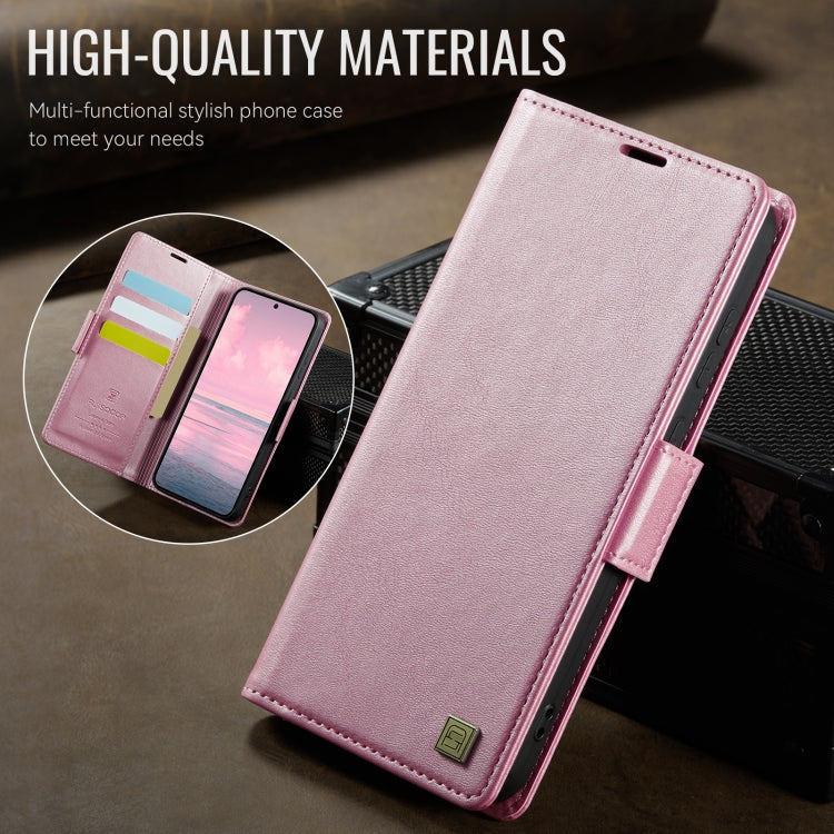 For Samsung Galaxy S23 5G AutSpace A11 Side Buckle MagSafe Magnetic RFID Phone Leather Case(Rose Gold)