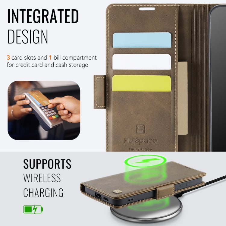 For Samsung Galaxy S25 5G AutSpace A11 Side Buckle MagSafe Magnetic RFID Phone Leather Case(Coffee)