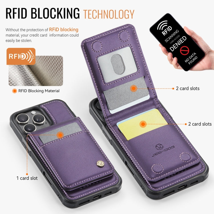 For iPhone 16 Pro JEEHOOD J06 British Style RFID MagSafe Card Bag PU Phone Case(Purple)