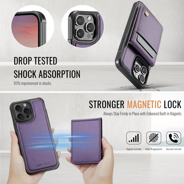 For iPhone 16 Pro JEEHOOD J06 British Style RFID MagSafe Card Bag PU Phone Case(Purple)