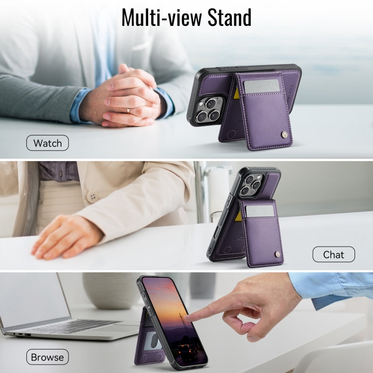 For iPhone 16 Pro JEEHOOD J06 British Style RFID MagSafe Card Bag PU Phone Case(Purple)
