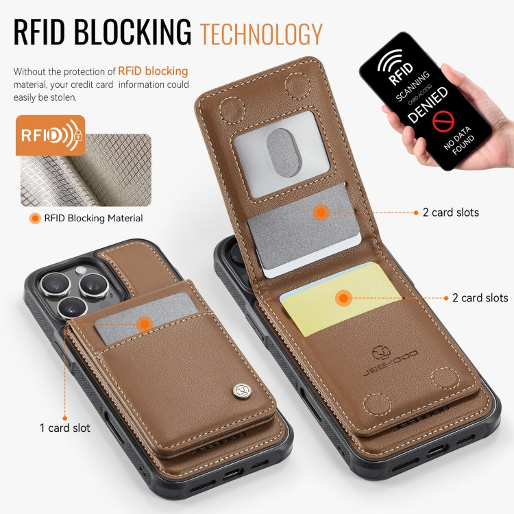 For iPhone 16 Pro JEEHOOD J06 British Style RFID MagSafe Card Bag PU Phone Case(Brown)