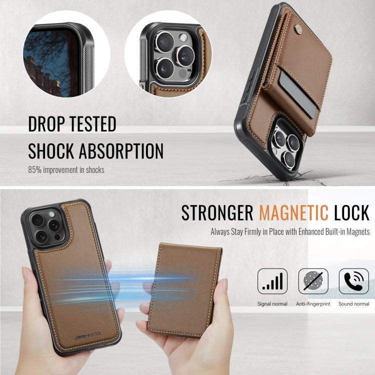 For iPhone 16 Pro JEEHOOD J06 British Style RFID MagSafe Card Bag PU Phone Case(Brown)