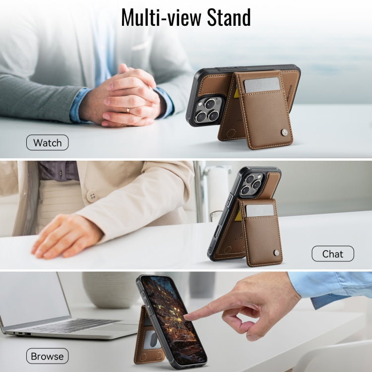 For iPhone 16 Pro JEEHOOD J06 British Style RFID MagSafe Card Bag PU Phone Case(Brown)