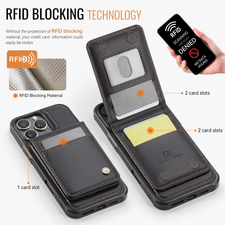 For iPhone 16 Pro JEEHOOD J06 British Style RFID MagSafe Card Bag PU Phone Case(Black)
