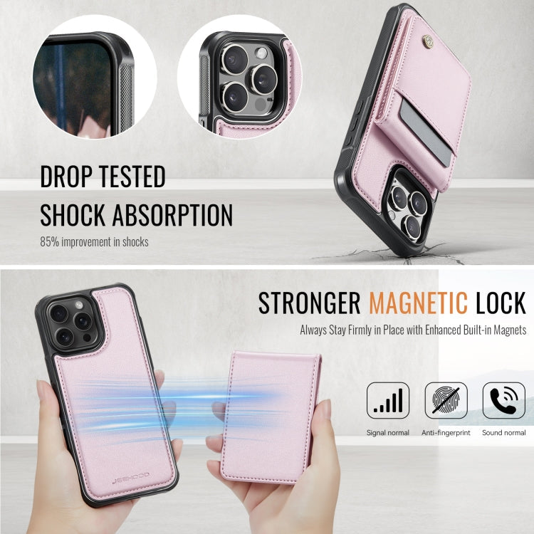 For iPhone 16 Pro JEEHOOD J06 British Style RFID MagSafe Card Bag PU Phone Case(Pink)