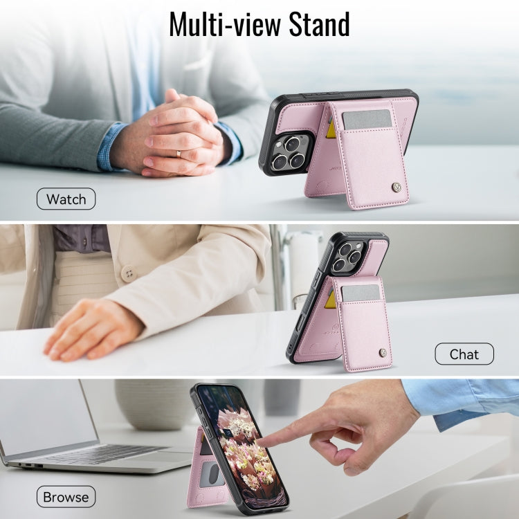 For iPhone 16 Pro JEEHOOD J06 British Style RFID MagSafe Card Bag PU Phone Case(Pink)