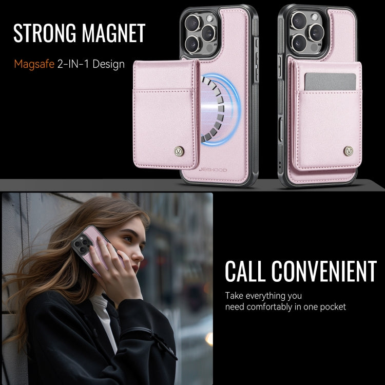 For iPhone 16 Pro JEEHOOD J06 British Style RFID MagSafe Card Bag PU Phone Case(Pink)