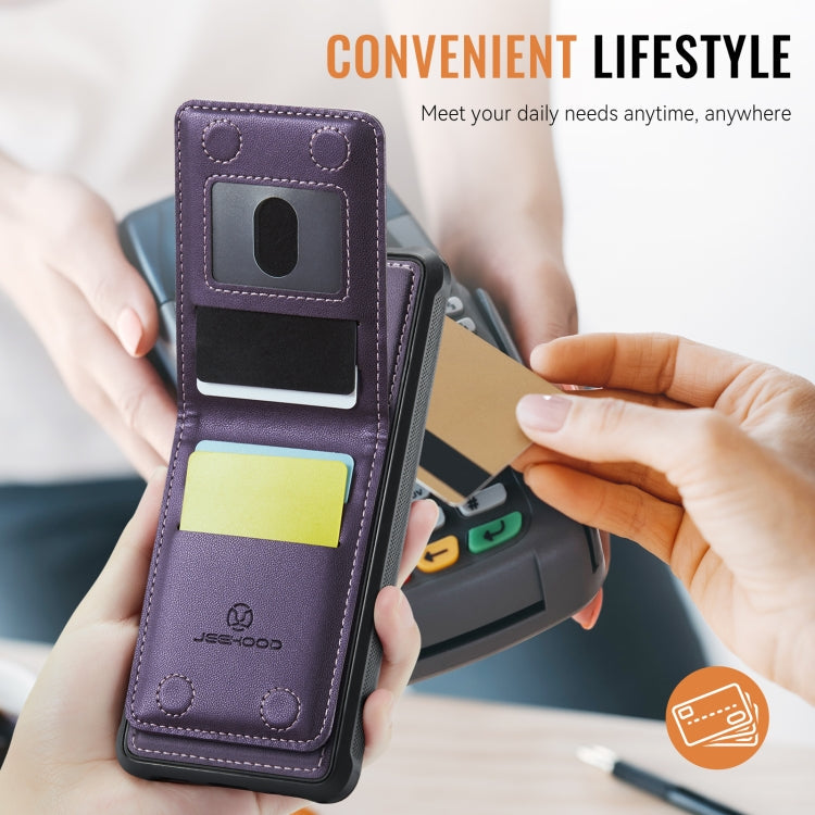 For iPhone 11 JEEHOOD J06 British Style RFID MagSafe Card Bag PU Phone Case(Purple)
