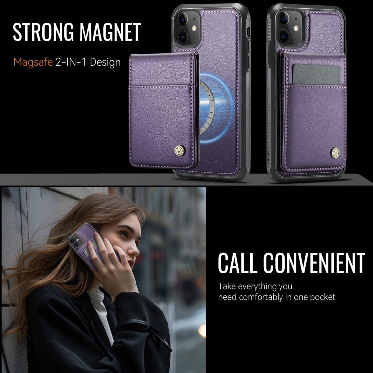 For iPhone 11 JEEHOOD J06 British Style RFID MagSafe Card Bag PU Phone Case(Purple)