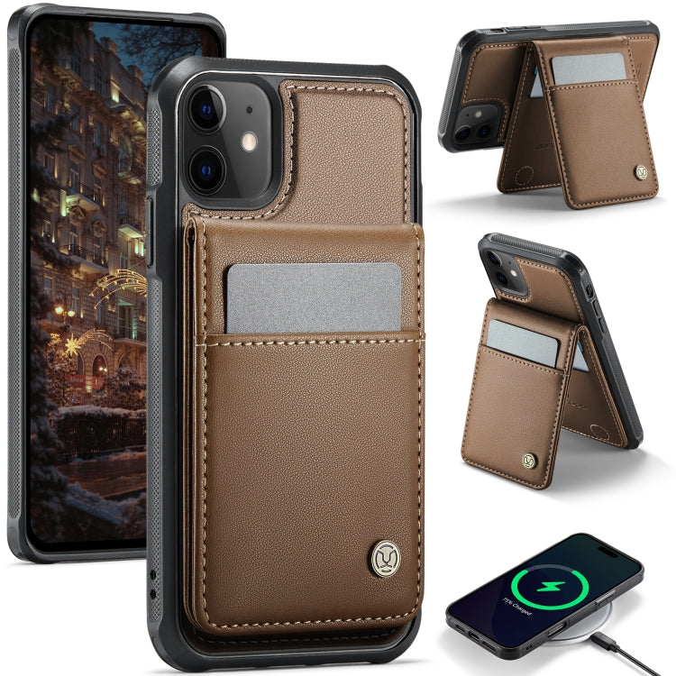 For iPhone 11 JEEHOOD J06 British Style RFID MagSafe Card Bag PU Phone Case(Brown)