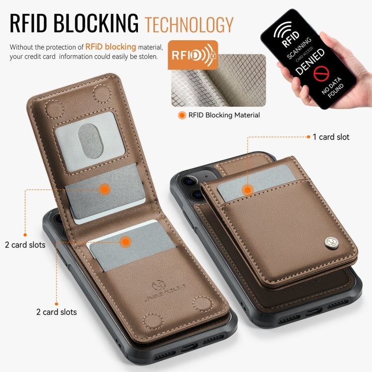 For iPhone 11 JEEHOOD J06 British Style RFID MagSafe Card Bag PU Phone Case(Brown)