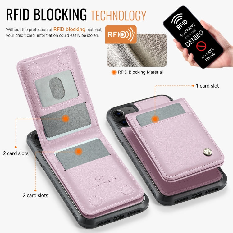 For iPhone 11 JEEHOOD J06 British Style RFID MagSafe Card Bag PU Phone Case(Pink)