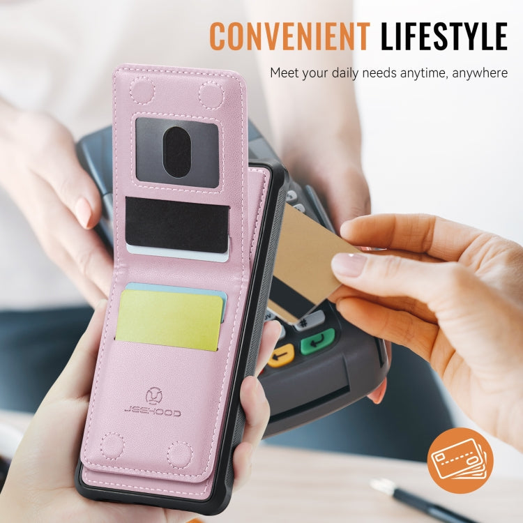 For iPhone 11 JEEHOOD J06 British Style RFID MagSafe Card Bag PU Phone Case(Pink)