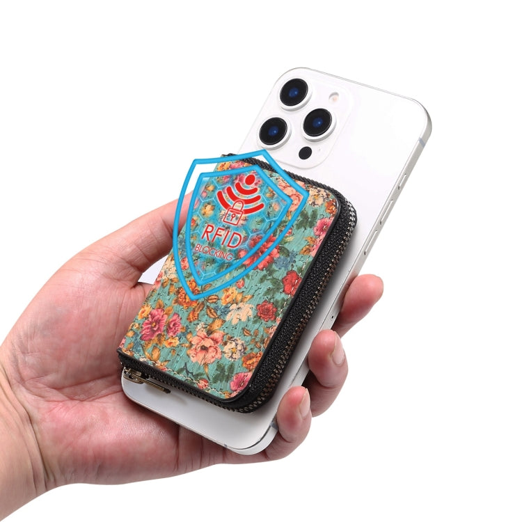Denior V16 Flower MagSafe RFID Zipper Wallet Card Bag Case(Blue)