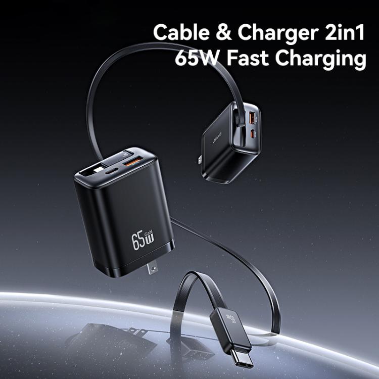 USAMS CC300 65W Fast Charger With Retractable USB-C / Type-C Cable, US Plug