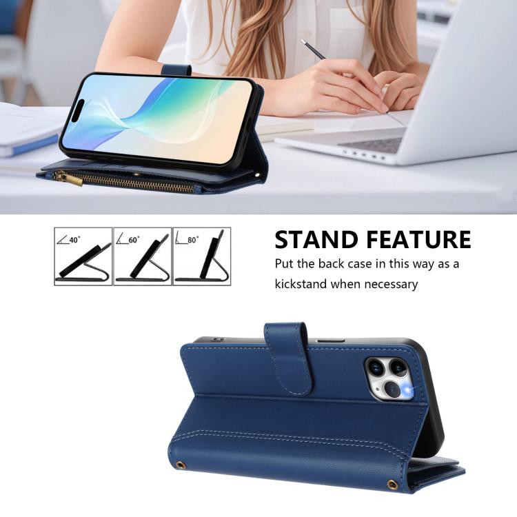 Magnetic Closure 9 Card Slots Zipper Leather Case with Hand Strap, For iPhone 11 Pro Max, For iPhone 11, For iPhone 11 Pro, For iPhone XS / X