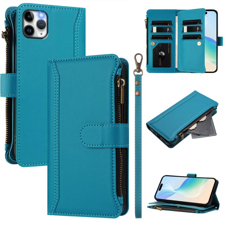 Magnetic Closure 9 Card Slots Zipper Leather Case with Hand Strap, For iPhone 11 Pro Max, For iPhone 11, For iPhone 11 Pro, For iPhone XS / X
