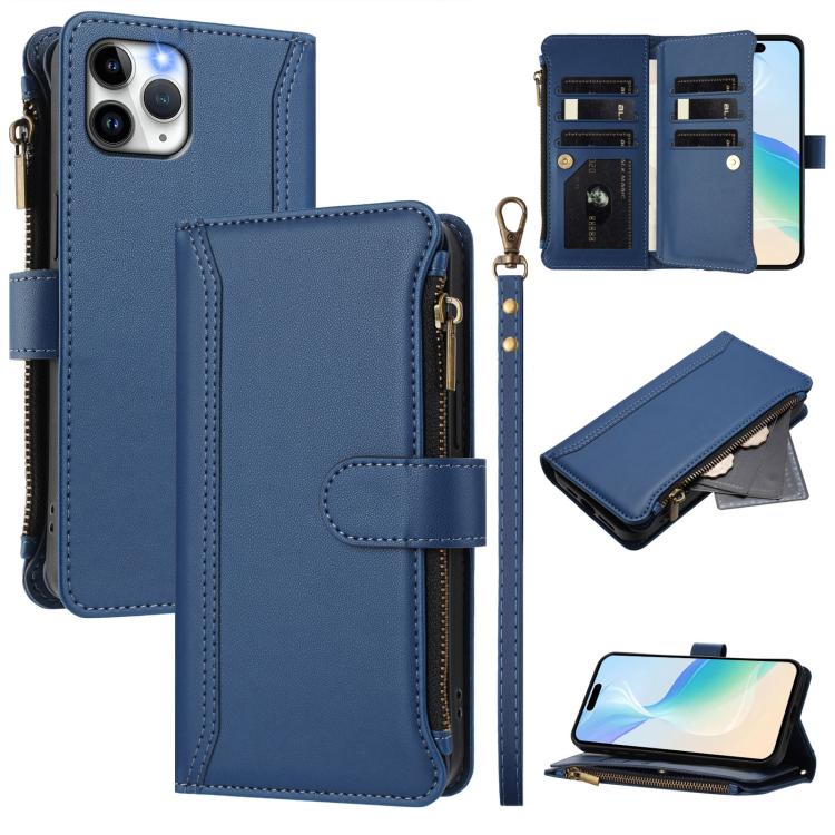 Magnetic Closure 9 Card Slots Zipper Leather Case with Hand Strap, For iPhone 11 Pro Max, For iPhone 11, For iPhone 11 Pro, For iPhone XS / X