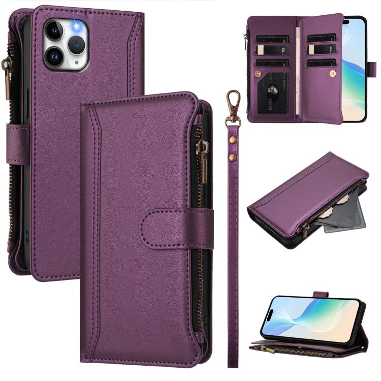 Magnetic Closure 9 Card Slots Zipper Leather Case with Hand Strap, For iPhone 11 Pro Max, For iPhone 11, For iPhone 11 Pro, For iPhone XS / X