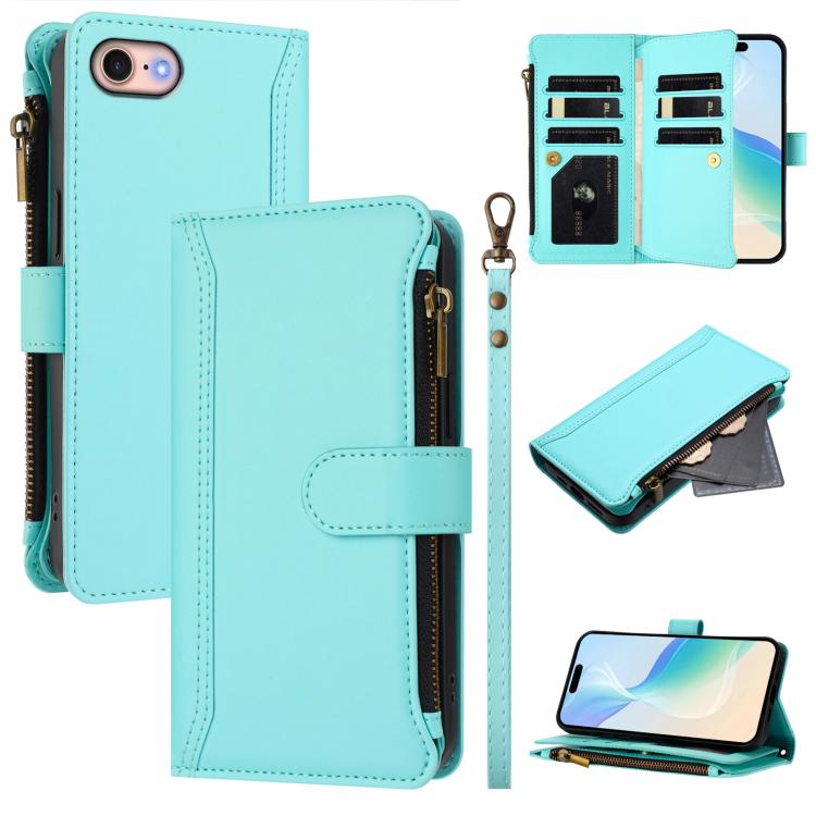 Magnetic Closure 9 Card Slots Zipper Leather Case with Hand Strap, For iPhone 14 Pro Max, For iPhone SE 2022 / 2020 / 8 / 7, For iPhone 13 Pro Max, For iPhone 13 Pro