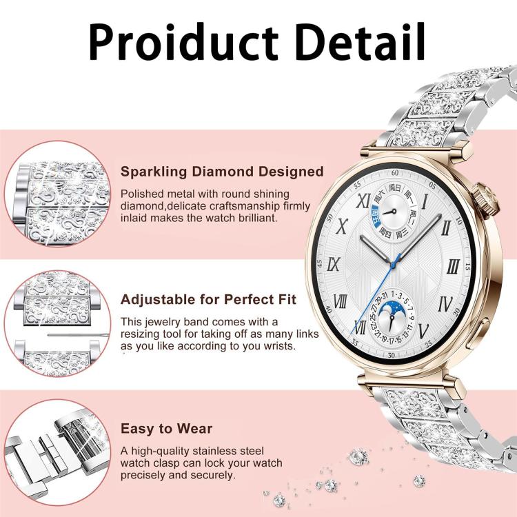 xDfind Diamond Jewelry Steel Watch Band, 20mm For Amazfit Active 2 / GTS4 Mini, 22mm For Huawei Watch GT5/GT5 Pro/4/4 Pro, 22mm For Fossil Gen 5 Carlyle/Julianna/Garrett, 12mm