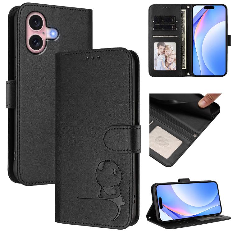 Litter Panda Embossing RFID Leather Phone Case with Lanyard, For iPhone 16, For iPhone 15 Pro Max, For iPhone 15 Pro, For iPhone 15 Plus