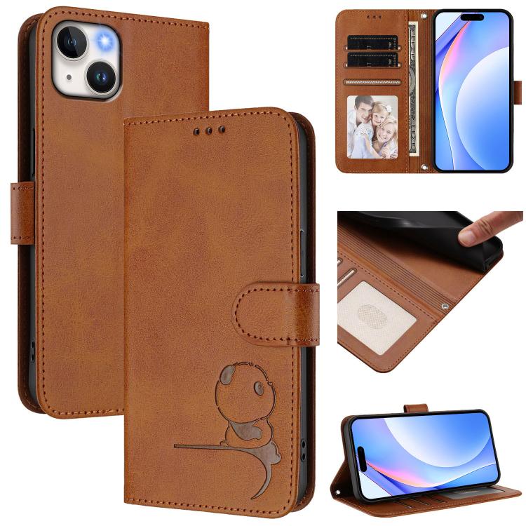 Litter Panda Embossing RFID Leather Phone Case with Lanyard, For iPhone 15, For iPhone 14 Plus, For iPhone 14 / 13, For iPhone 14 Pro