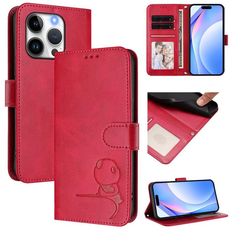 Litter Panda Embossing RFID Leather Phone Case with Lanyard, For iPhone 15, For iPhone 14 Plus, For iPhone 14 / 13, For iPhone 14 Pro