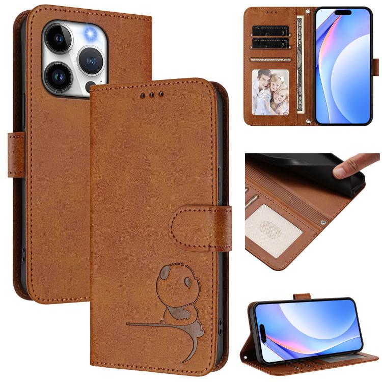 Litter Panda Embossing RFID Leather Phone Case with Lanyard, For iPhone 15, For iPhone 14 Plus, For iPhone 14 / 13, For iPhone 14 Pro