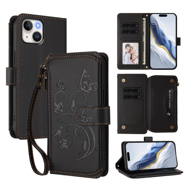 Butterfly Love Flower Multi-card Zipper Wallet Leather Phone Case, For iPhone 15 Pro Max, For iPhone 15 Pro, For iPhone 15 Plus