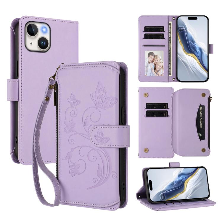 Butterfly Love Flower Multi-card Zipper Wallet Leather Phone Case, For iPhone 15 Pro Max, For iPhone 15 Pro, For iPhone 15 Plus