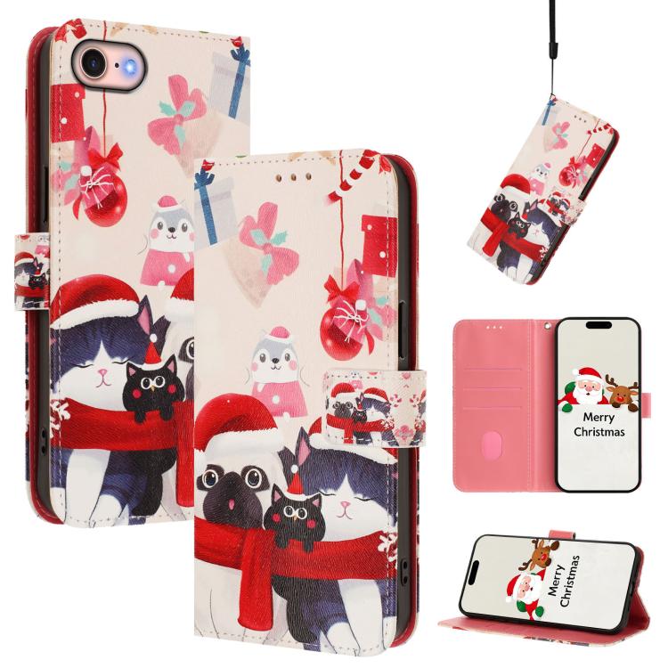 Christmas Series Buckle Leather Phone Case with Hand Strap, For iPhone 14 Pro Max, For iPhone SE 2022 / SE 2020 / 8 / 7, For iPhone 13 Pro Max, For iPhone 13 Pro