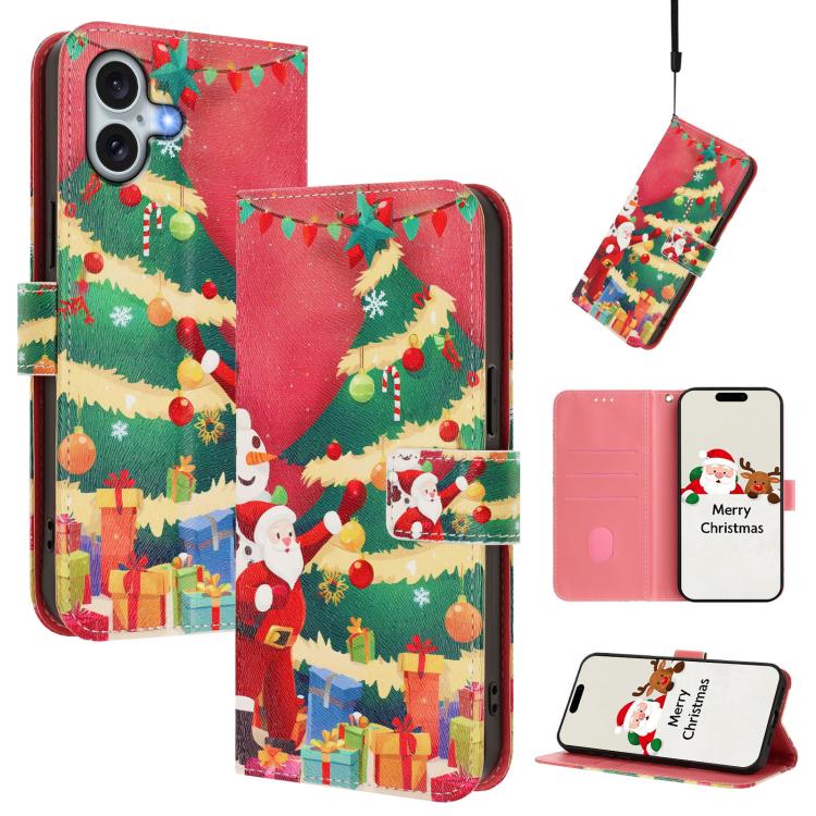 Christmas Series Buckle Leather Phone Case with Hand Strap, For iPhone 16, For iPhone 15 Pro Max, For iPhone 15 Pro, For iPhone 15 Plus