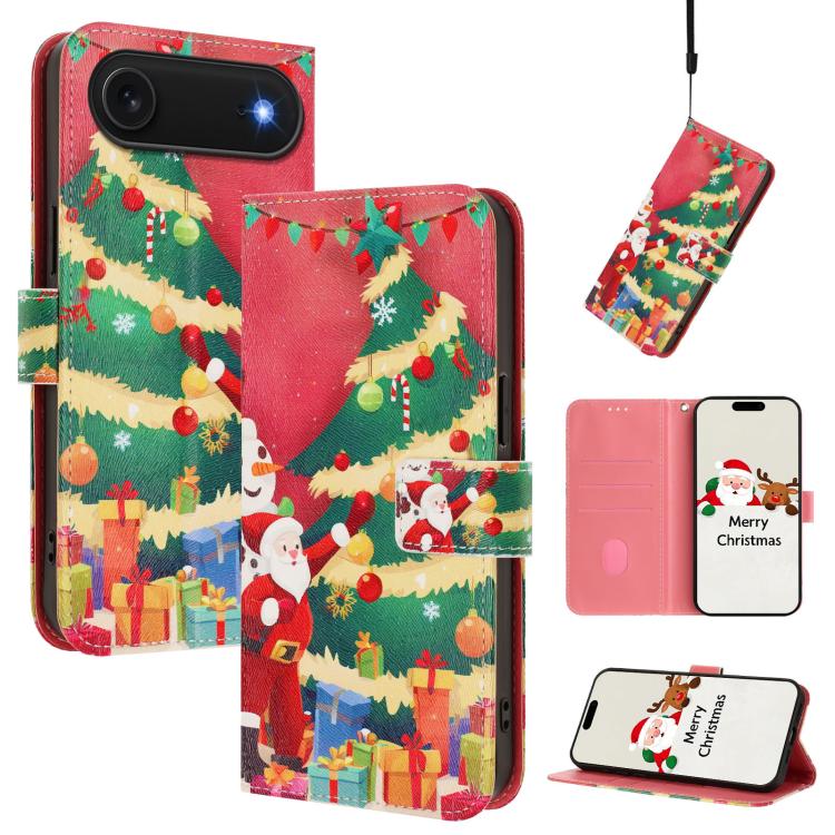 Christmas Series Buckle Leather Phone Case with Hand Strap, For iPhone 16e, For iPhone 16 Pro Max, For iPhone 16 Pro, For iPhone 16 Plus