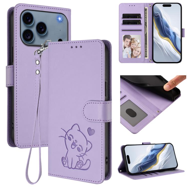 Embossed Heart Cat Leather Phone Case with Hand Strap, For iPhone 17e / 16e, For iPhone 17 Pro Max