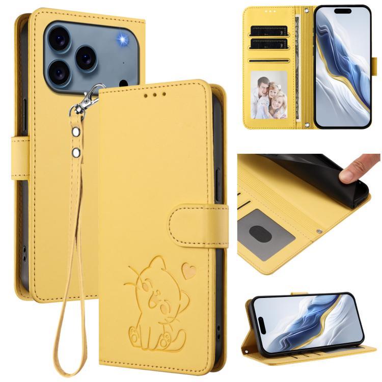 Embossed Heart Cat Leather Phone Case with Hand Strap, For iPhone 17e / 16e, For iPhone 17 Pro Max