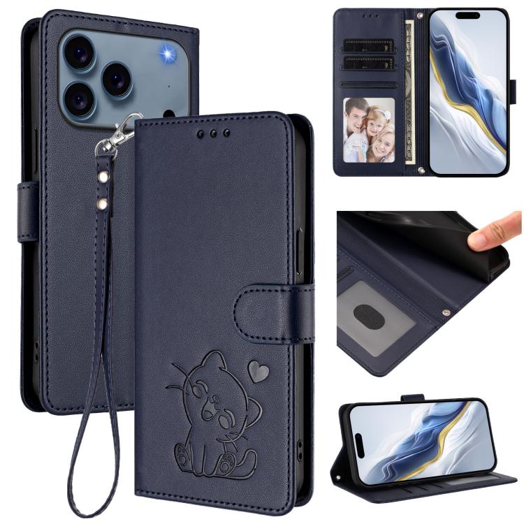 Embossed Heart Cat Leather Phone Case with Hand Strap, For iPhone 17e / 16e, For iPhone 17 Pro Max