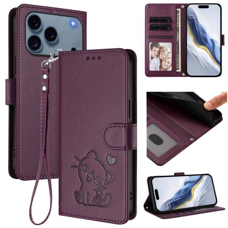 Embossed Heart Cat Leather Phone Case with Hand Strap, For iPhone 17 Pro, For iPhone 17