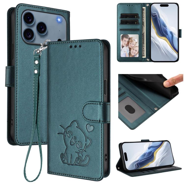 Embossed Heart Cat Leather Phone Case with Hand Strap, For iPhone 17 Pro, For iPhone 17