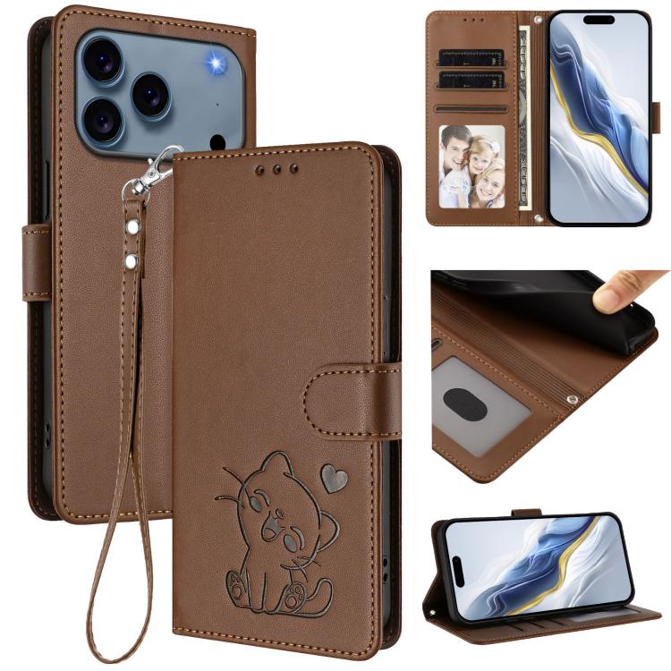 Embossed Heart Cat Leather Phone Case with Hand Strap, For iPhone 17 Pro, For iPhone 17