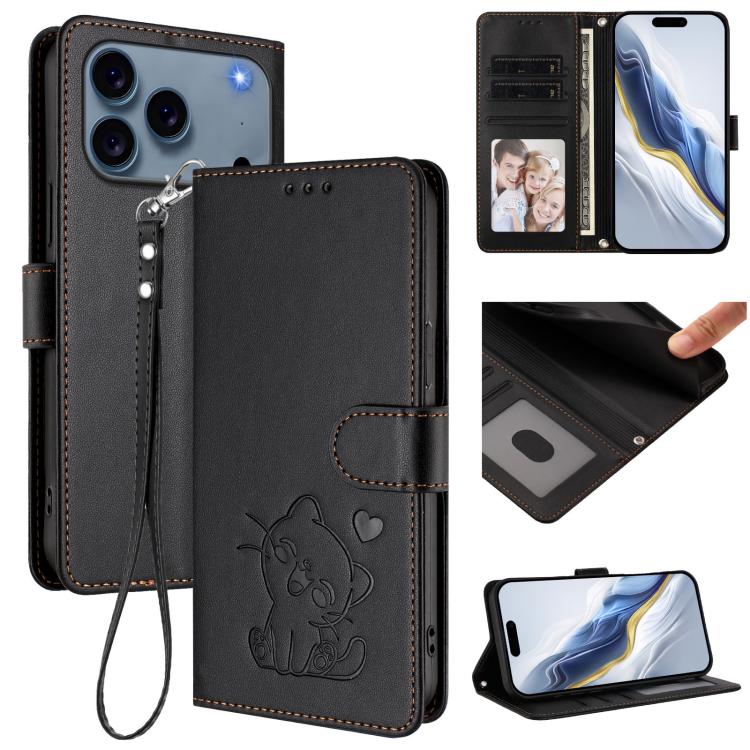 Embossed Heart Cat Leather Phone Case with Hand Strap, For iPhone 17 Pro, For iPhone 17