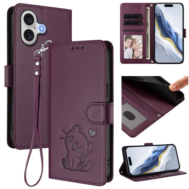 Embossed Heart Cat Leather Phone Case with Hand Strap, For iPhone 17 Pro, For iPhone 17