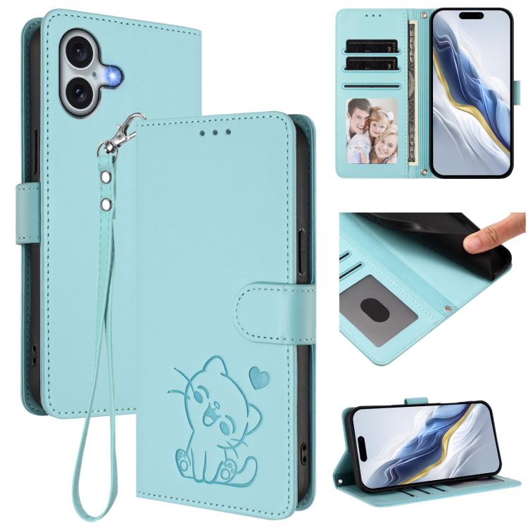 Embossed Heart Cat Leather Phone Case with Hand Strap, For iPhone 16, For iPhone 15 Pro Max
