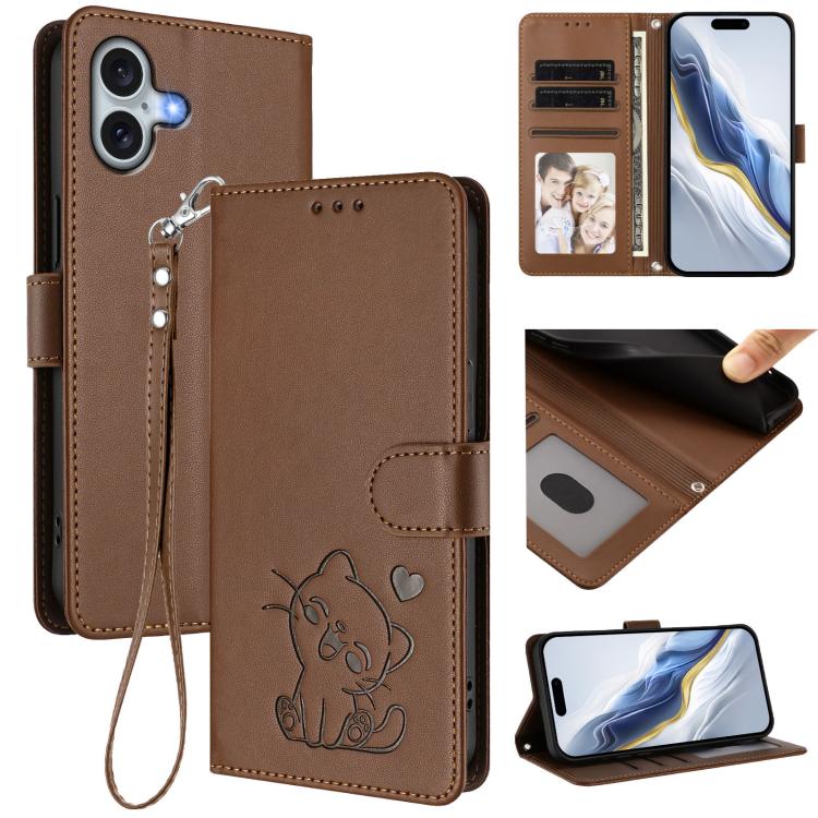 Embossed Heart Cat Leather Phone Case with Hand Strap, For iPhone 16, For iPhone 15 Pro Max