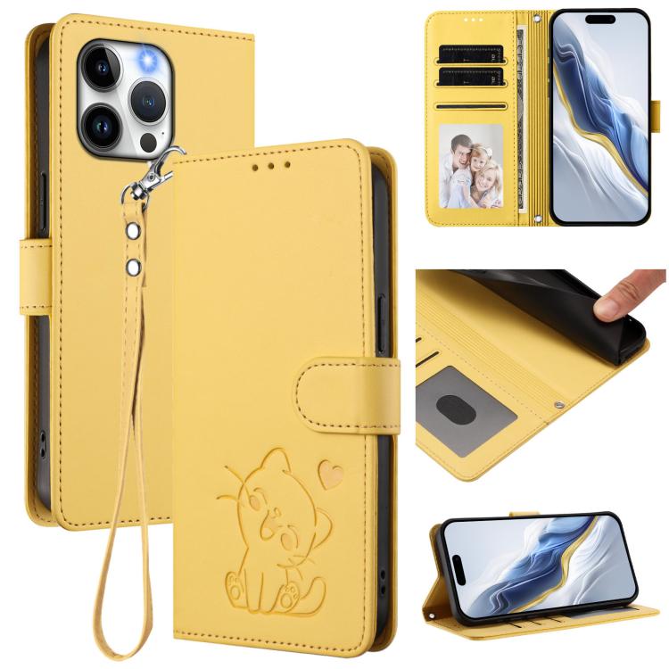 Embossed Heart Cat Leather Phone Case with Hand Strap, For iPhone 16, For iPhone 15 Pro Max