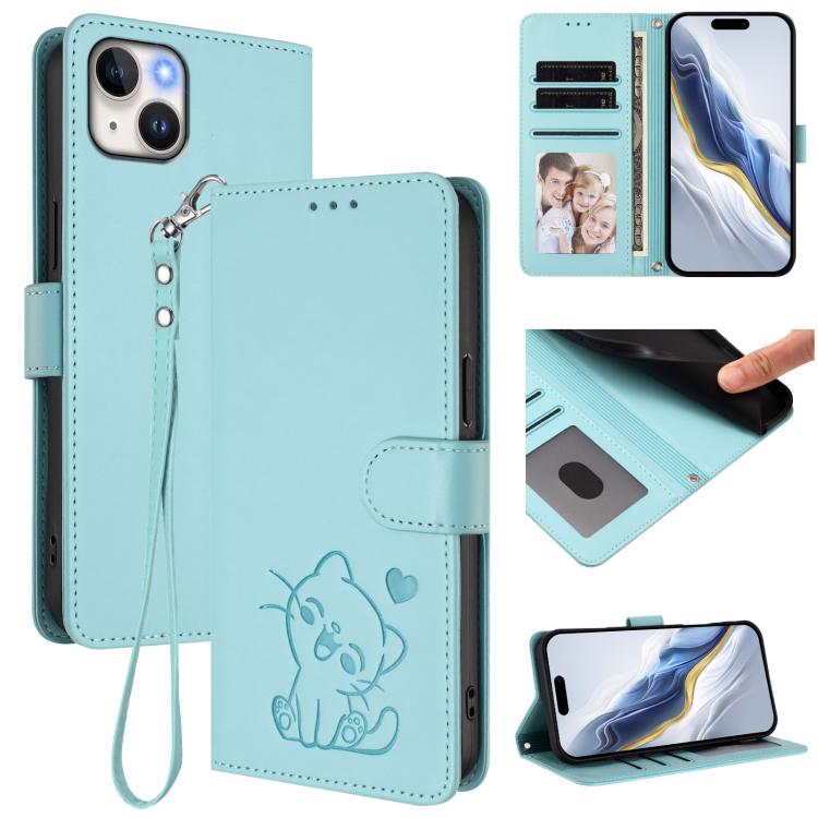 Embossed Heart Cat Leather Phone Case with Hand Strap, For iPhone 15 Pro, For iPhone 15 Plus