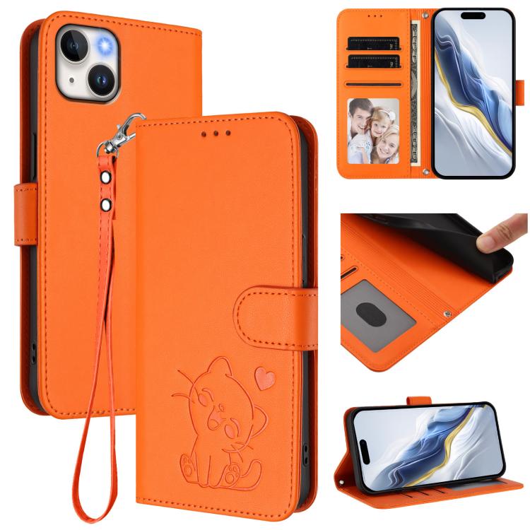 Embossed Heart Cat Leather Phone Case with Hand Strap, For iPhone 15 Pro, For iPhone 15 Plus