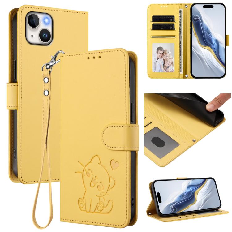 Embossed Heart Cat Leather Phone Case with Hand Strap, For iPhone 15, For iPhone 14 Plus