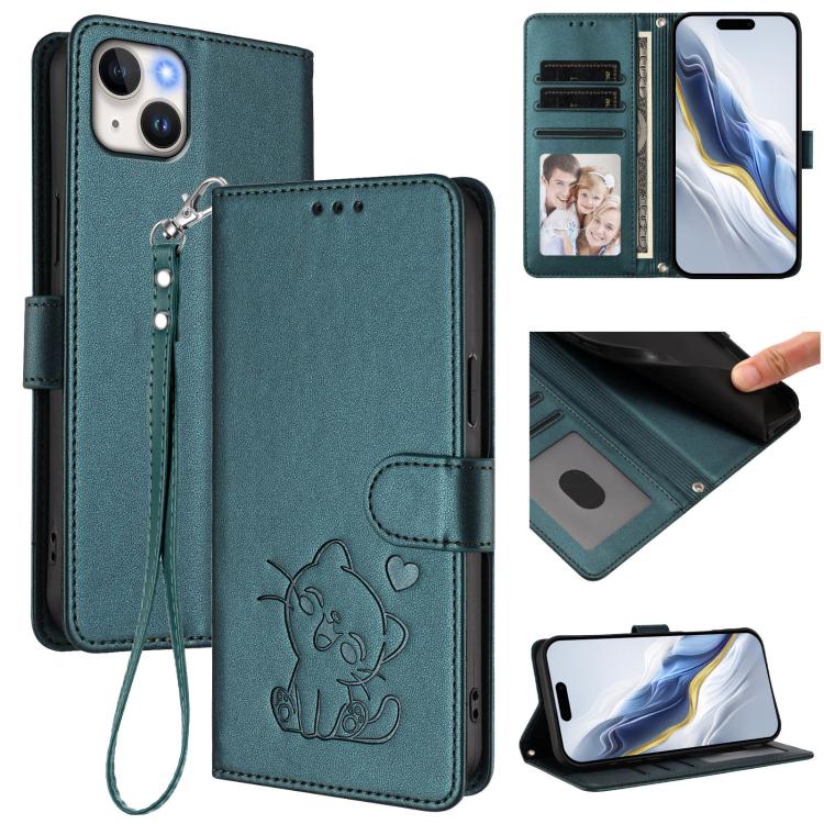 Embossed Heart Cat Leather Phone Case with Hand Strap, For iPhone 15, For iPhone 14 Plus